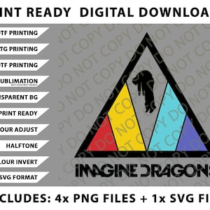 Puede incluir: Descarga digital con el logotipo de Imagine Dragons dentro de un triángulo colorido. El diseño incluye texto para impresión DTF, DTG, UVDTF, sublimación y más. Incluye 4 archivos PNG y 1 archivo SVG.