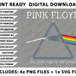 May include: Digital download featuring the Pink Floyd "Dark Side of the Moon" album art. The design includes a prism refracting light into a rainbow, with the band's name and album title. Includes 4 PNG files and 1 SVG file.