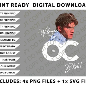 Puede incluir: Gráfico de descarga digital con un retrato de un hombre y el texto "Welcome to The OC Bitch!". Incluye 4 archivos PNG y 1 archivo SVG. Adecuado para impresión DTF, DTG, UVDTF y sublimación.