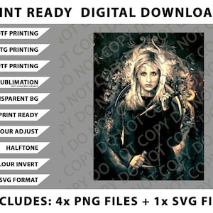 Könnte beinhalten: Digitaler Download mit einem Porträt einer Frau, die ein Messer hält, mit einem dunklen, künstlerischen Hintergrund. Der Text enthält "PRINT READY DIGITAL DOWNLOADS" und Optionen für DTF-, DTG-, UVDTF-Druck, Sublimation und SVG-Format.