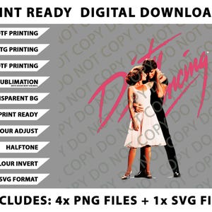 Op de afbeelding: Digitale download met een dansend stel en de tekst "Dirty Dancing" in roze. De afbeelding bevat tekst met printklare bestanden, verschillende printmethoden en bestandsformaten, waaronder PNG en SVG.