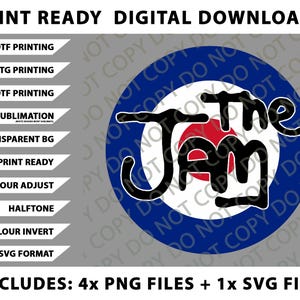 May include: Digital download graphic featuring "The Jam" logo in black on a blue and red target design. Includes multiple PNG files and one SVG file. Text at the top reads "Print Ready Digital Downloads".