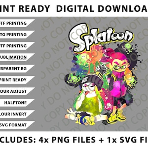 May include: Digital download graphic featuring characters from "Splatoon" with the game's logo. The image includes text indicating print-ready files for DTF, DTG, and UVDTF printing, sublimation, and SVG format. The image includes 4 PNG files and 1 SVG file.