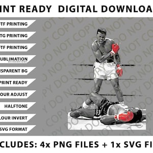 Può includere: Download digitale in bianco e nero di un incontro di boxe. L'immagine mostra un pugile in piedi sopra il suo avversario sconfitto. Il testo indica che l'immagine è pronta per la stampa e disponibile nei formati PNG e SVG.