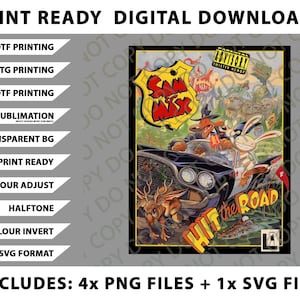 Può includere: Grafica digitale scaricabile con Sam & Max in un'auto nera, con la scritta "Hit the Road". L'immagine include un distintivo giallo con "Sam & Max" e il testo "Print Ready Digital Downloads".