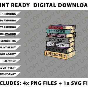 May include: Digital download graphic showing a stack of illustrated books with titles including "Stone" and "Chamber." The image includes text indicating print-ready options such as DTF and SVG format, and includes 4 PNG files and 1 SVG file.