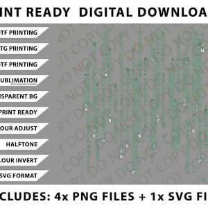 May include: Print-ready digital downloads graphic with text including DTF, DTG, and UVDTF printing options. Includes transparent background, print-ready, color adjust, halftone, color invert, and SVG format. Includes 4 PNG files and 1 SVG file.