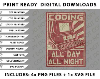 Codage toute la journée toute la nuit Png Bundle, fichiers SVG, téléchargements numériques