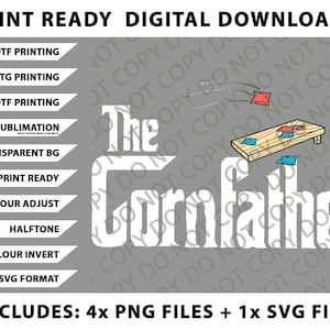 Puede incluir: Gráfico de descarga digital con una ilustración del juego de cornhole y el texto "The Cornfather". Incluye archivos PNG y SVG. La imagen muestra un tablero de cornhole de madera con sacos de frijoles en el aire.