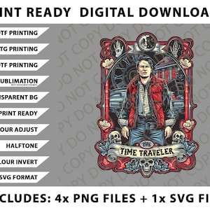 May include: Digital download with a detailed illustration of a man in a red vest, labelled "The Time Traveler." The design includes a clock, skulls, and the text "Print Ready Digital Downloads." Includes 4 PNG files and 1 SVG file.