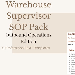 Könnte beinhalten: Ein digitales Produkt mit dem Titel "Warehouse Supervisor SOP Pack" mit dem Text "Outbound Operations Edition". Das Bild enthält ein Inhaltsverzeichnis mit 10 professionellen SOP-Vorlagen, darunter Waving Process SOP und Shipping Audit SOP.