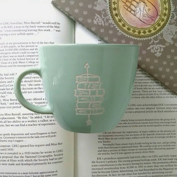 Book Stack Mug Engraved in Mint Green, Reader Gift, Writer Gift, Literary Gift, Literary Mug, Pretty Cup, Unique Mug