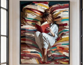 Meisje lezend in bed olieverfschilderij kunstafdruk (digitale download)