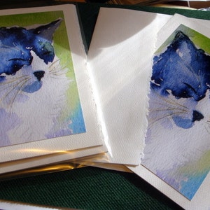 Water color greeting card set of 6 Portrait view of black and white kitty cat image 1