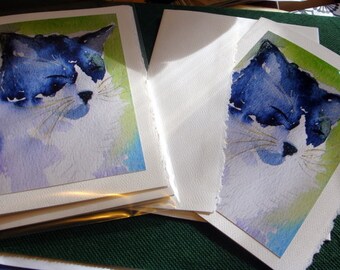 Water color greeting card single - portrait view of black and white kitty cat