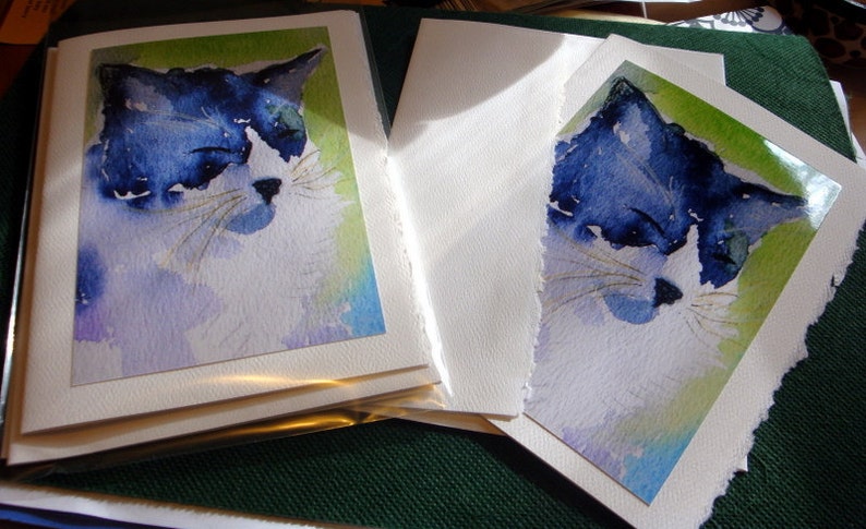 Water color greeting card set of 6 Portrait view of black and white kitty cat image 1