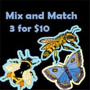 Vinyl Stickers - Mix and Match - Grunge Pollinator Set - Honey Bee, Bumblebee, Butterfly - Three (3) 3in size