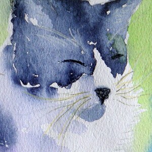 Water color greeting card set of 6 Portrait view of black and white kitty cat image 2