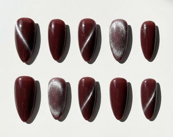 Burgundy Silver Cat Eye Press On Nails Magnetic Velvet Slash Elegant Almond Fake Reusable Wedding Nails