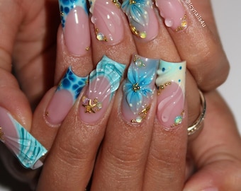 3D Blue Flower Ocean Press On Nails | Teal Wave Seashell Square Mermaid Long Nail