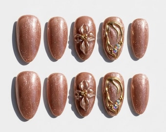 Rose Gold Cat Eye Press On Nails 3D Metallic Floral Abstract Lines Rhinestone Luxury Bridal Fake Wedding Nails