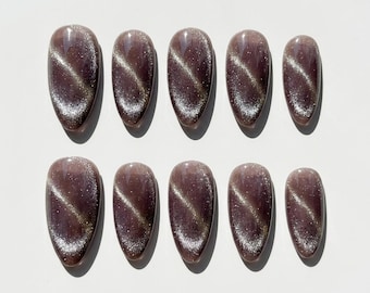 Deep Purple Cat Eye Press On Nails Silver Magnetic Slash Velvet Shimmer Almond Fake Reusable Wedding Nails