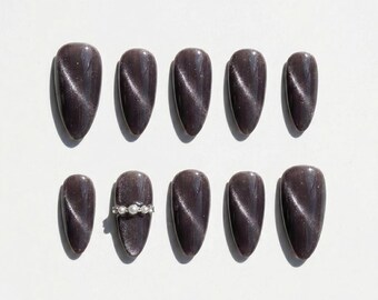 Dark Grey Cat Eye Press On Nails Pearl Rhinestone Line Accent Velvet Almond Fake Nails Elegant Wedding Nails