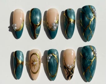 Teal Gold Foil Press On Nails Kintsugi Marble 3D Pearl Star Gem Almond Fake Nails Elegant Wedding Nails