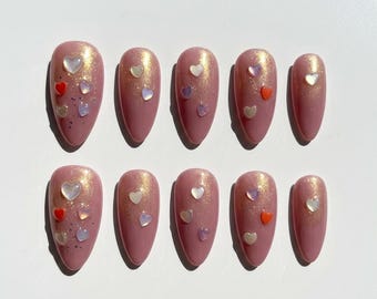 Mauve Pink Shimmer Press On Nails Holographic Heart Sequins Cute Romantic Almond Fake Wedding Nails
