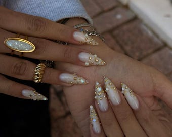 Rhinestone Stiletto Press On Nails | Milky White, Gold Iridescent Crystals