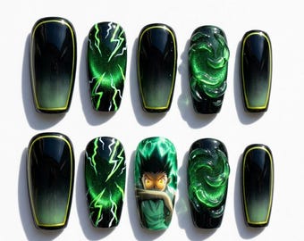 May include: A set of ten press-on nails featuring a black and green color palette. Designs include solid black with green outlines, green lightning patterns, 3D swirl textures, and a central nail displaying an anime character with spiky hair.