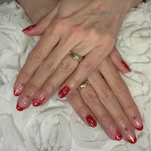 Rosa hjärtformade press-on-naglar | Dubbla franska tip-naglar med hjärtan | Romantiska alla hjärtans dag-naglar | Söta koketta estetiska återanvändbara lösnaglar