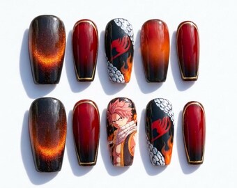 Anime Natsu Dragon Scale Coffin Press On Nails – Fire Cat Eye Cosplay Set