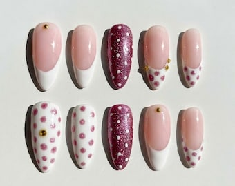 White Magenta Polka Dot Press On Nails Glitter Texture Gold Rhinestone French Almond Fake Wedding Nails
