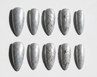 Silver Glitter Press On Nails 3D Metallic Abstract Line Star Celestial Almond Fake Luxury Wedding Nails