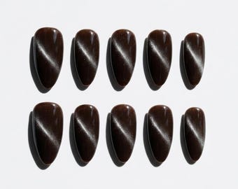 Dark Brown Cat Eye Press On Nails Velvet Magnetic Illusion Simple Elegant Almond Fake Reusable Wedding Nails