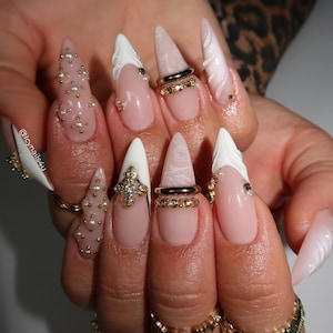 3D Pearl Cross Press On Nails | Long Stiletto Lace Pattern