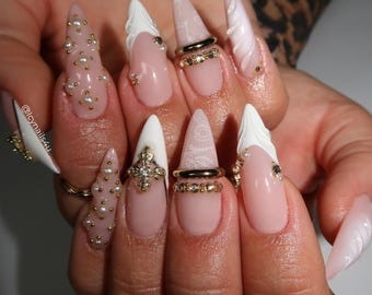 3D Pearl Cross Press On Nails | Long Stiletto Lace Pattern
