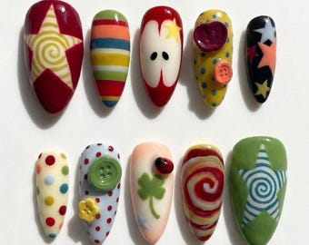 Kidcore Colorful Press On Nails Retro 3D Button Apple Rainbow Star Custom Fake Nails Fun Polka Dot Playful Nail Art
