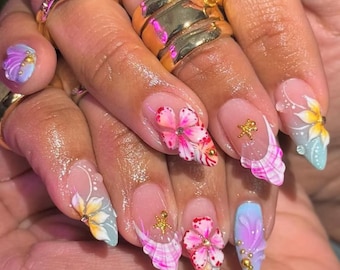 3D tropische bloemenpers op nagels | Zeemeerminschelp Amandel Zomer Strand Nepnagels
