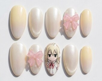 Pearl White Anime Press On Nails: 3D Pink Bow Almond Handpainted Manga Art