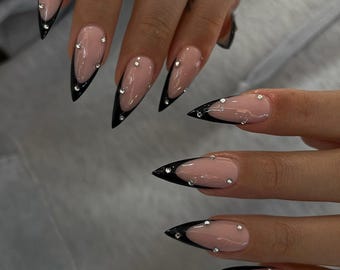 Black French Tip Stiletto Press On Nails | Rhinestone Accent, Edgy Gothic Style