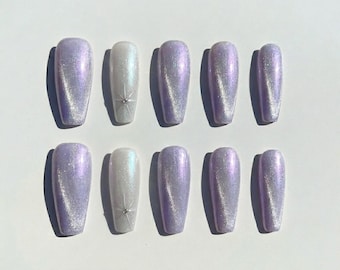 Lavender White Cat Eye Press On Nails Silver Starburst Sparkle Velvet Coffin Fake Nails Magical Wedding Nails