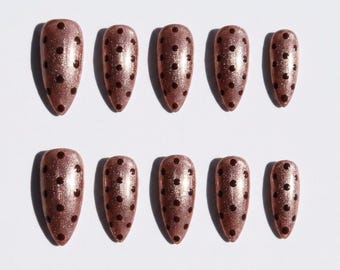 Rose Gold Shimmer Press On Nails Brown Polka Dot Pattern Cute Vintage Almond Fake Nails Custom Wedding Nails