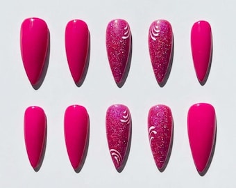 Hot Pink Glitter Press On Nails White Swirl Fake Nails Bright Magenta False Nails Stiletto Wedding Nails Summer Gel Nails