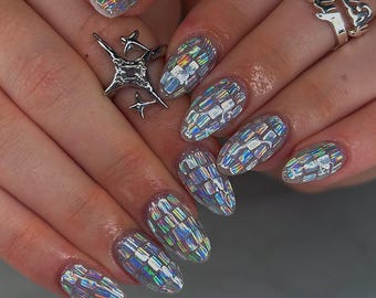 Holographic Disco Press On Nails | Silver Rainbow Oval, Handmade