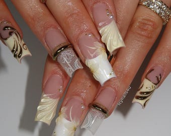 3D Flower French Tip Press On Nails | White Lace Gold Swirl Cream Wedding Prom
