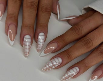 White Croc Texture and French Tip Press On Nails | Trendy 3D Pattern Almond Shape Nude Base Minimalist Chic Glue On Nails Fake Nails