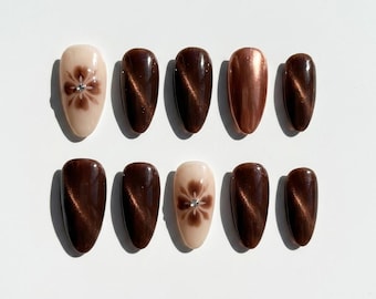 Brown Cat Eye Press On Nails Nude Accent 3D Floral Rhinestone Velvet Almond Fake Nails Luxury Wedding Nails