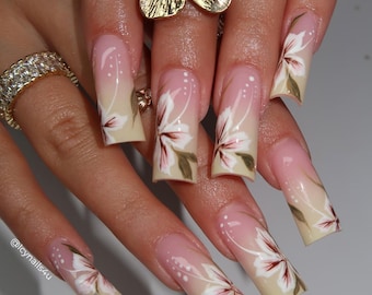 Hand Painted Floral Press On Nails | Tropical Long Square Fake Nails Spring Summer Gradient Elegant False Nail
